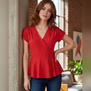 3/25$ Lily Morgan short sleeves faux wrap blouse, peplum red top, size S